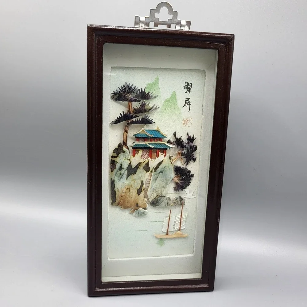 Vintage Chinese Shell Art Shadow Box Pagoda Landscape 3D Wall Decor 9